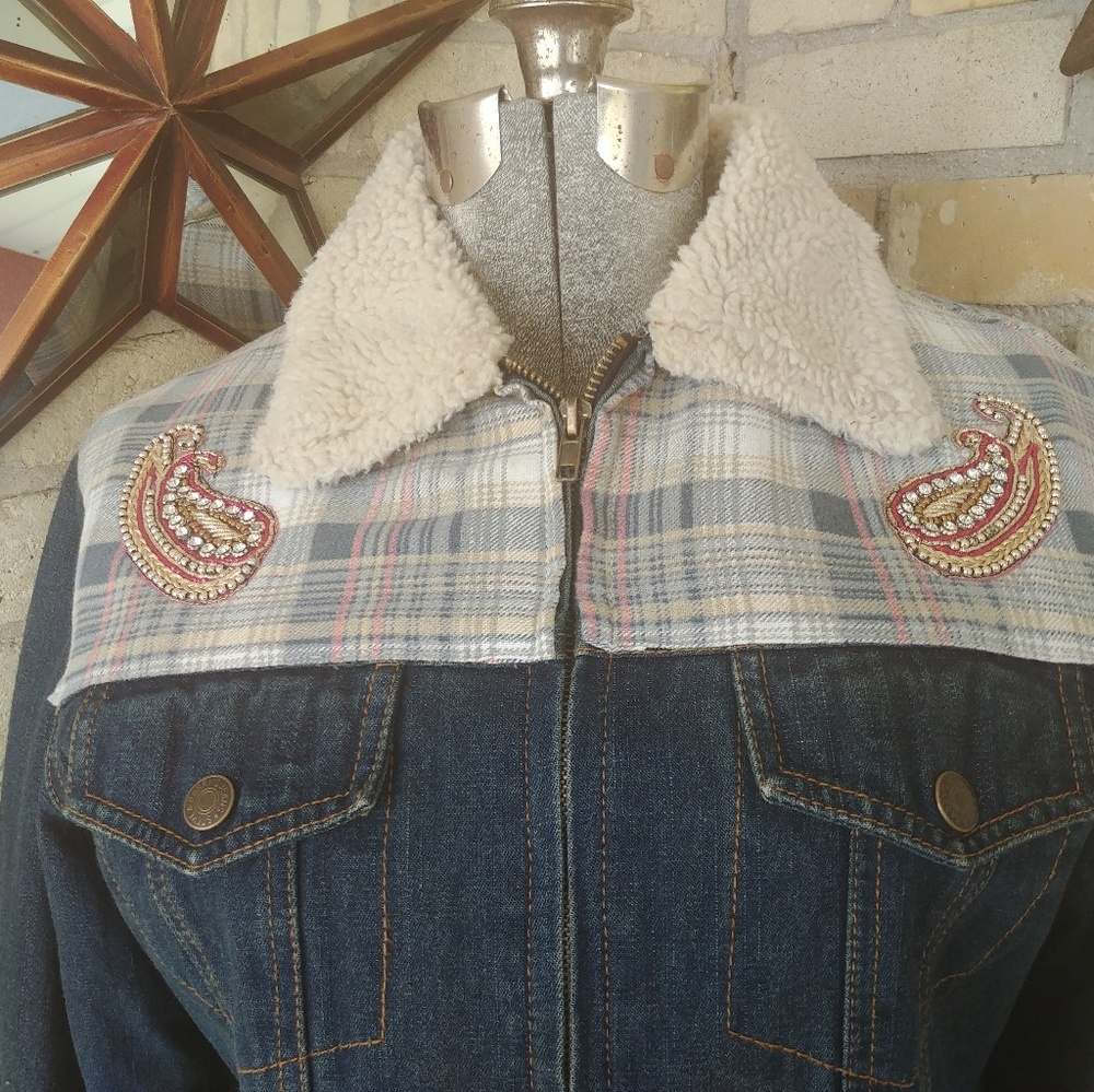 Upcycled Embellished Denim Jacket w/Shearling Trim